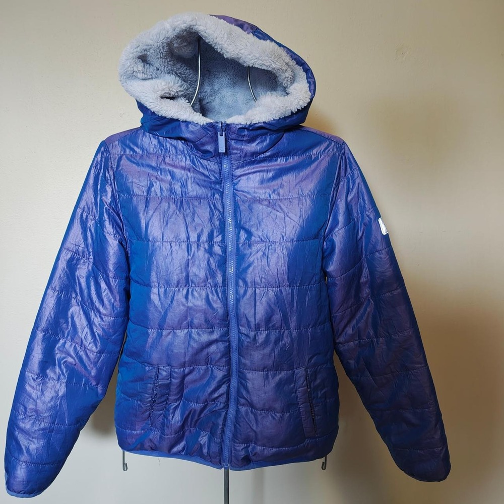 Abercrombie & Fitch Kids Blue Iridescent Puffer Jacket Faux Fur Hood Size 14